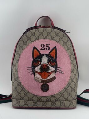 Gucci Beige GG Supreme Backpack with Pink Cat Patch